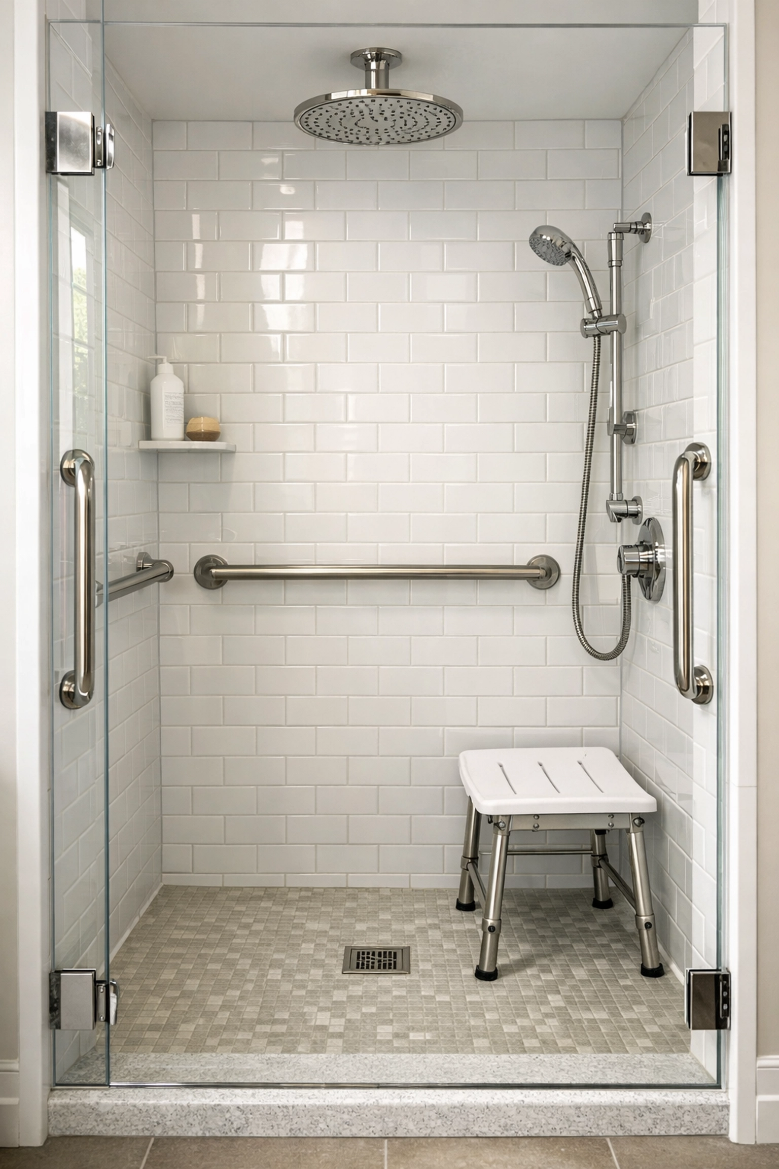 Walk-in shower with multiple safety grab bars installed on walls and entrance