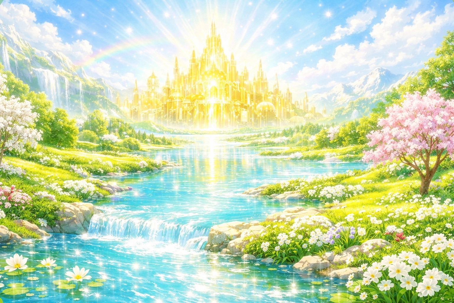 A stunning view of the New Creation featuring a crystalline river and a distant city of golden light.