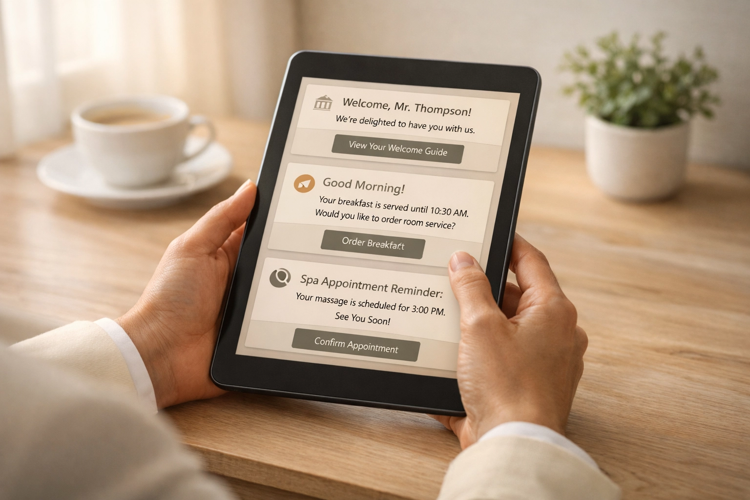 Hotel staff managing guest communication through automated hotel management system