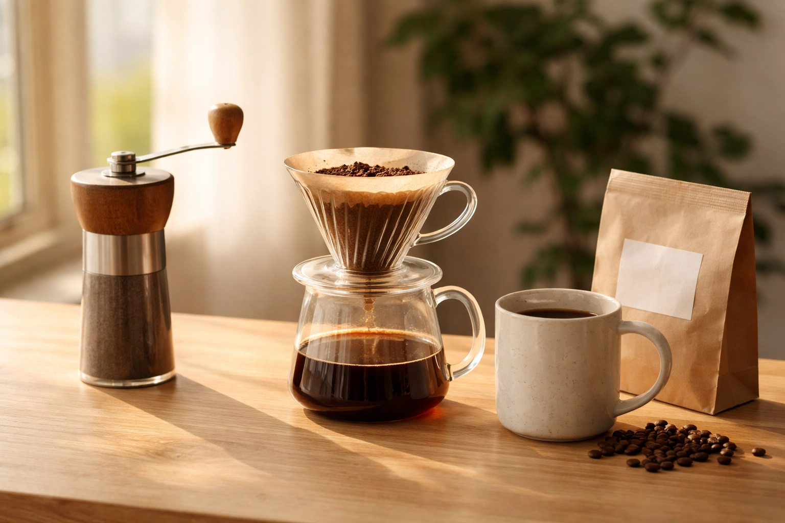 Minimalist coffee station with hand grinder, pour-over dripper, and fresh 6-bean blend, ideal for wellness-focused morning routines