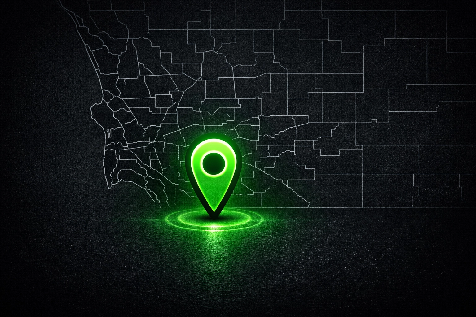 Digital map of San Diego coastline with a neon green marker for localized legal SEO.