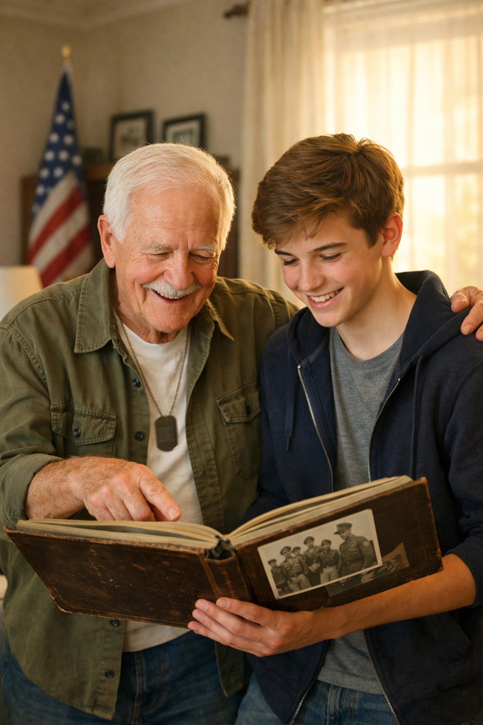 Civic Values Matter: Why I Share a Personal Message with You Every Single Day A grandfather sharing patriotic traditions and family legacy with his grandson through a military photo album.
