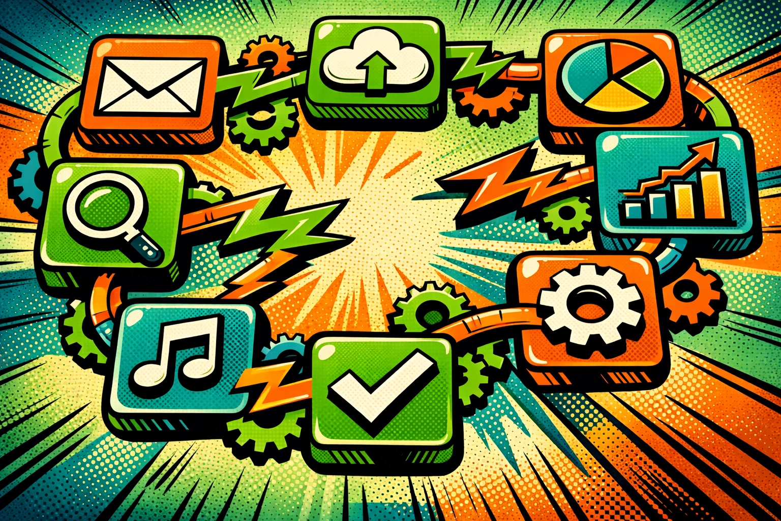 Automated workflow showing connected business apps and data integration systems