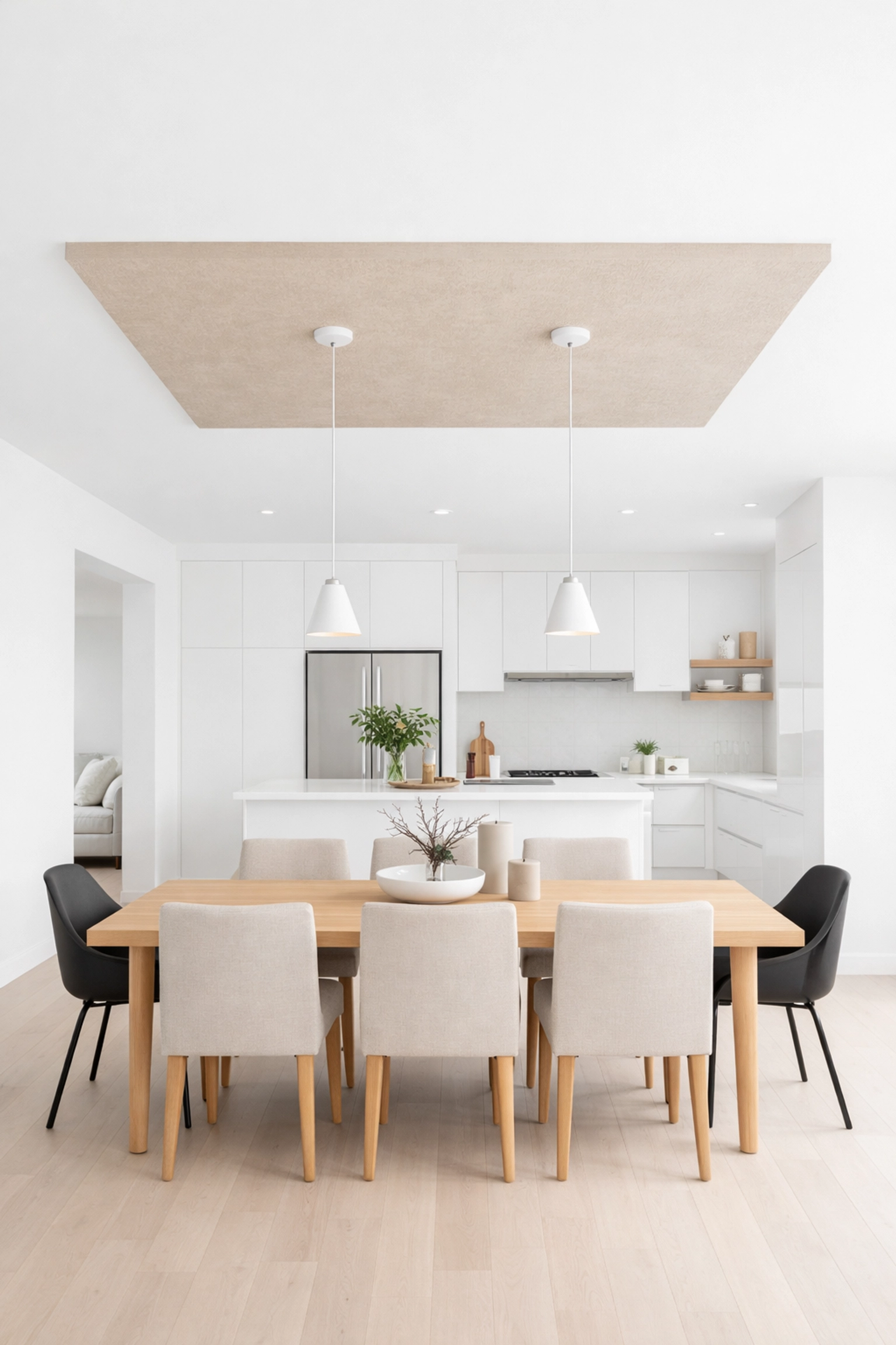 Textured sand-toned ceiling used to zone a modern open-plan dining area in a Gloucestershire home.
