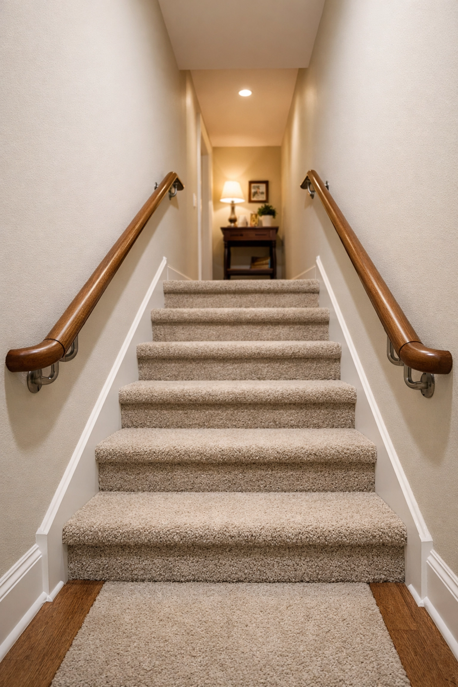 Sturdy double handrails on both sides of a staircase extending past the last step for safer navigation.