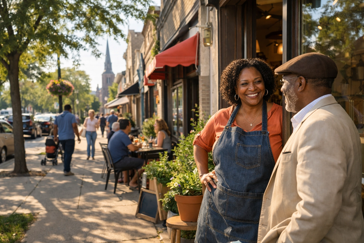 A vibrant urban neighborhood showing the impact of church-led community development on local businesses.