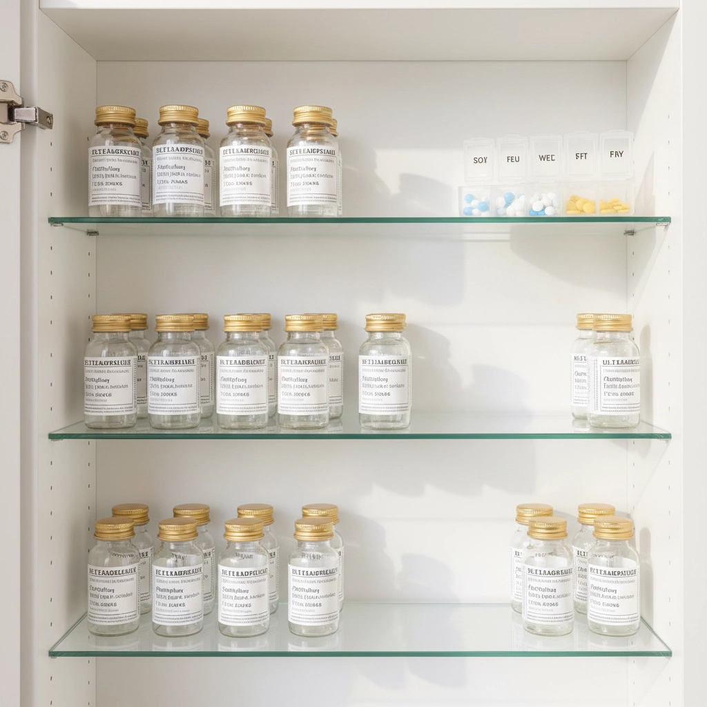 A photo of an open medicine cabinet with vials of liquid meds. The bottles have white labels and godl tops. There is also a five-day pill holder with multi-colored capsules in it. Practical Tips for Prepping with a Chronic Illness 