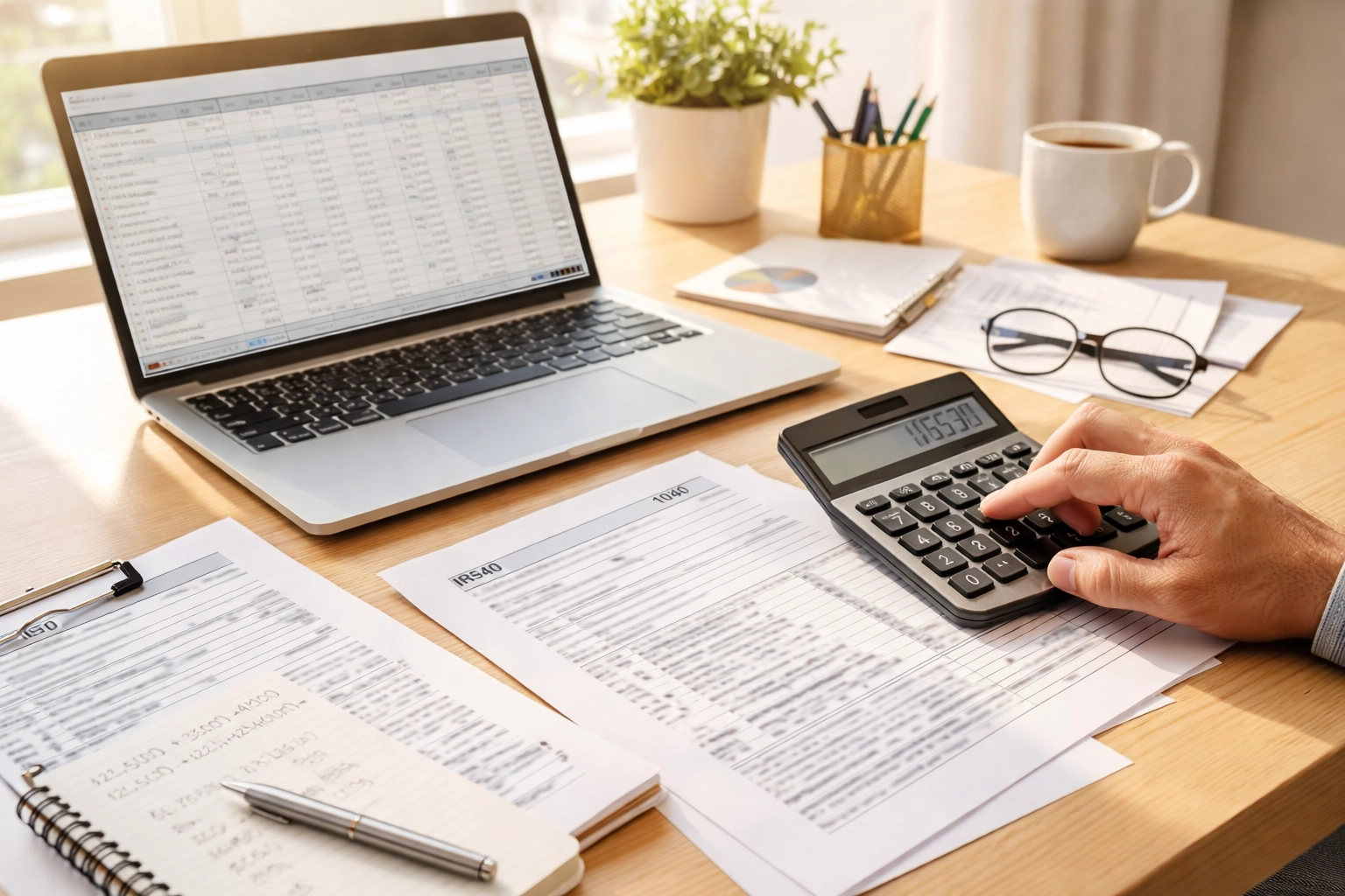 Hands using calculator with printed tax documents and laptop, illustrating estimated tax payment calculations