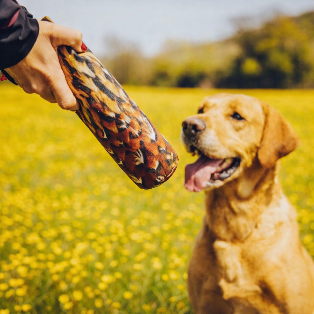 A yellow Labrador retriever sits attentively in a field of yellow flowers, focusing on a hand holding a feather-patterned gundog training dummy. The image highlights personalized, one-to-one gundog training, emphasizing handler-to-dog communication and attentive behaviour as part of The Gundog Coach’s approach.