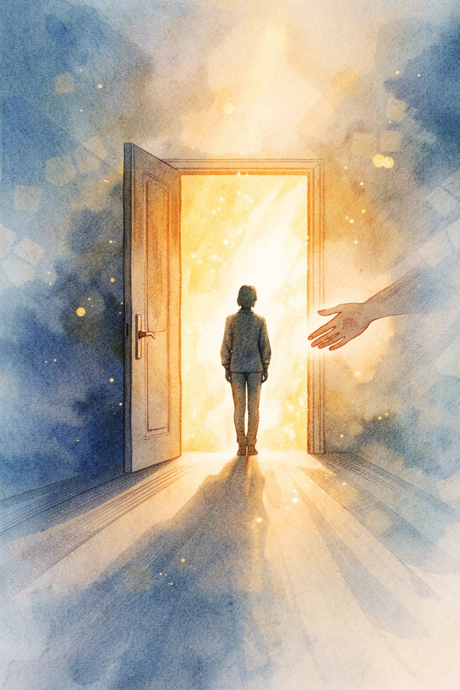 Watercolor illustration of a warm open doorway, symbolizing welcoming church culture and belonging