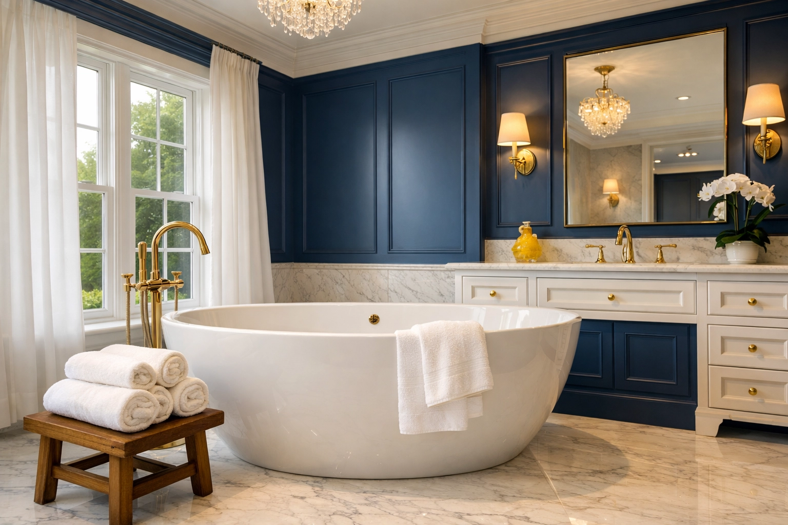 Luxury house cleaning Hopkinton MA featuring a spotless master bathroom with gold fixtures.