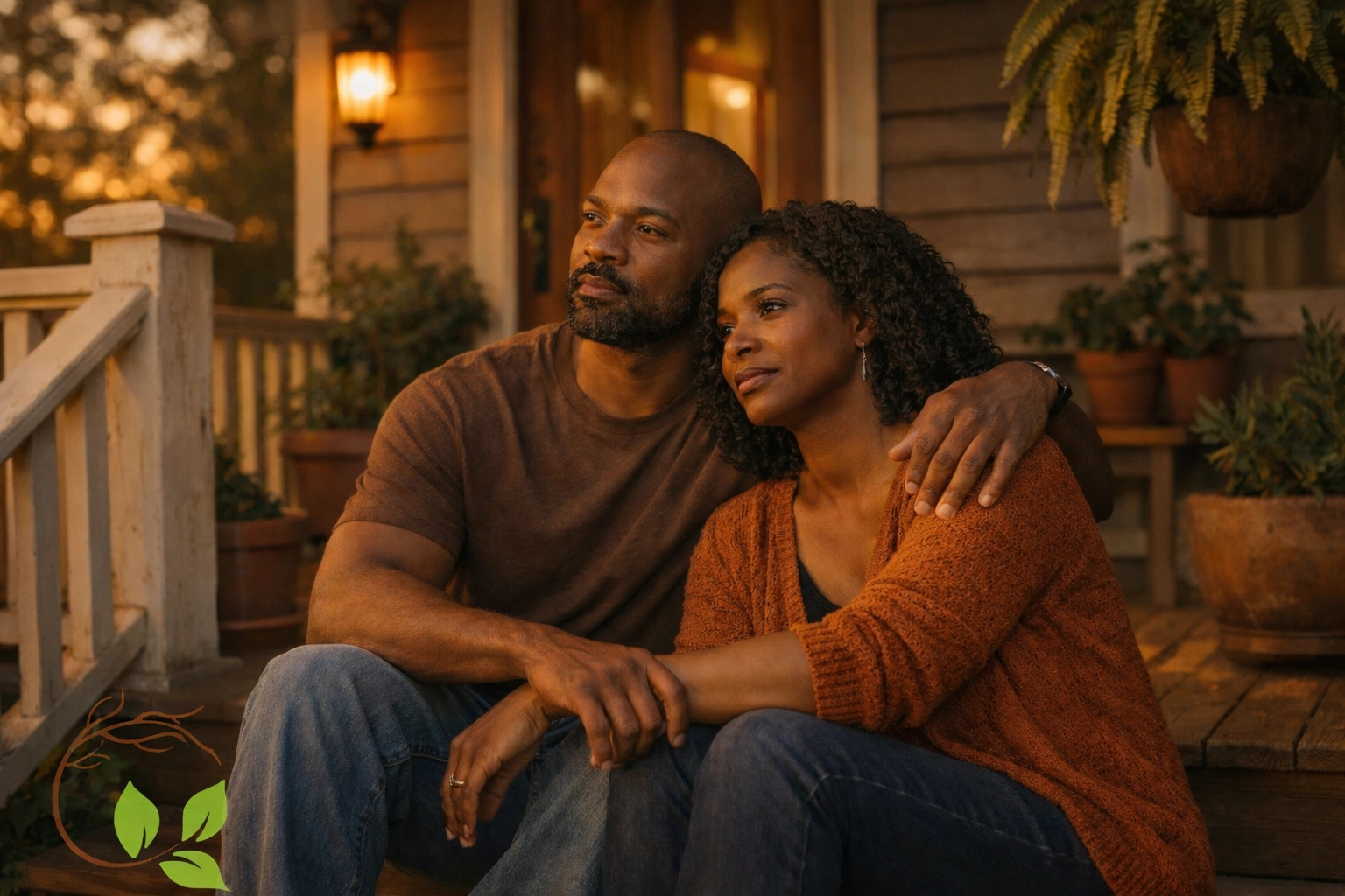 Black couple sitting together on home porch navigating community trauma and healing
