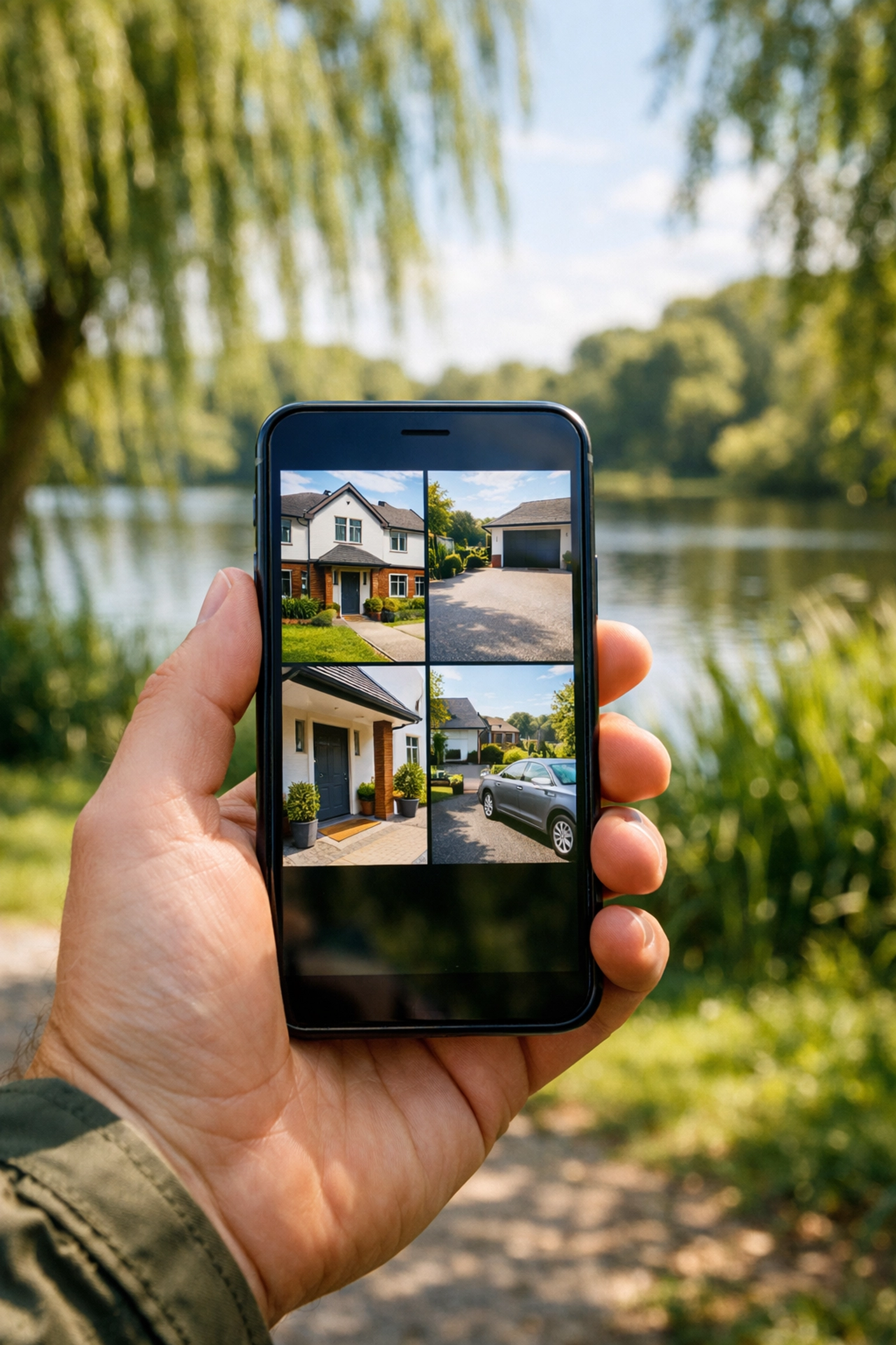 Person viewing a home security system on a smartphone at Fleet Pond in Hampshire.