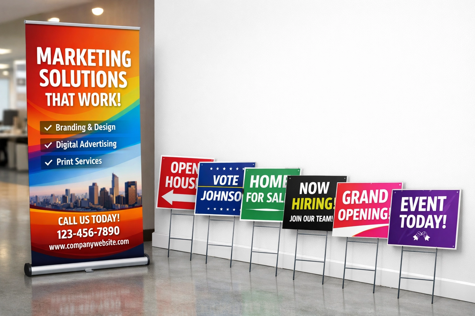 Professional pop-up banner and custom yard signs for local Dallas business advertising.