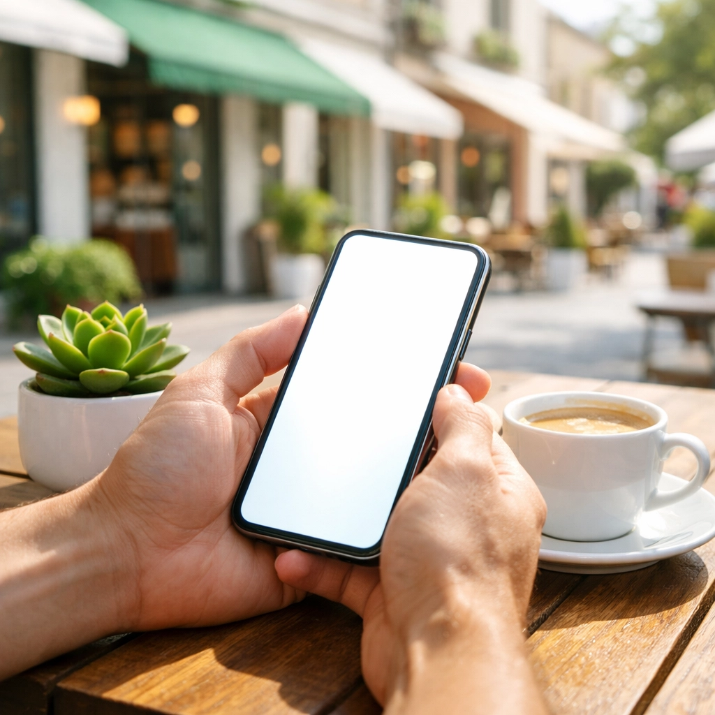 A person using a smartphone to view a small business website design in a local neighbourhood.
