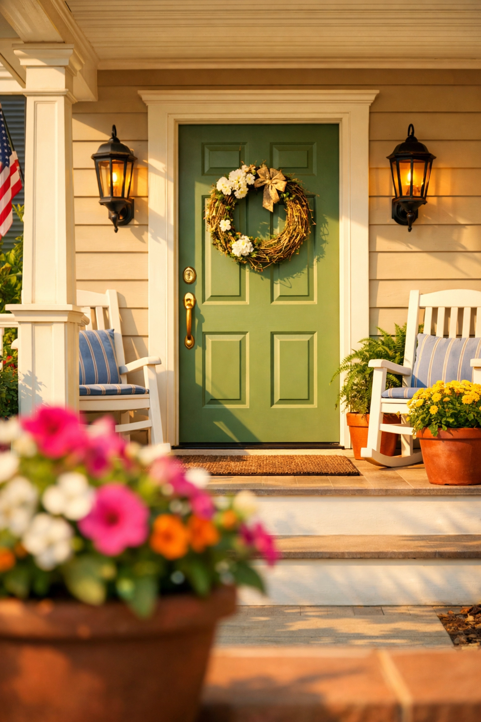 A welcoming suburban home porch representing stable housing and disaster recovery resources in NJ.