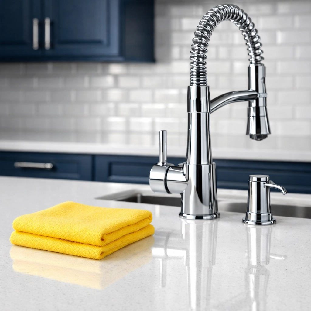 Professional kitchen cleaning in Truro featuring a polished chrome faucet and quartz island.
