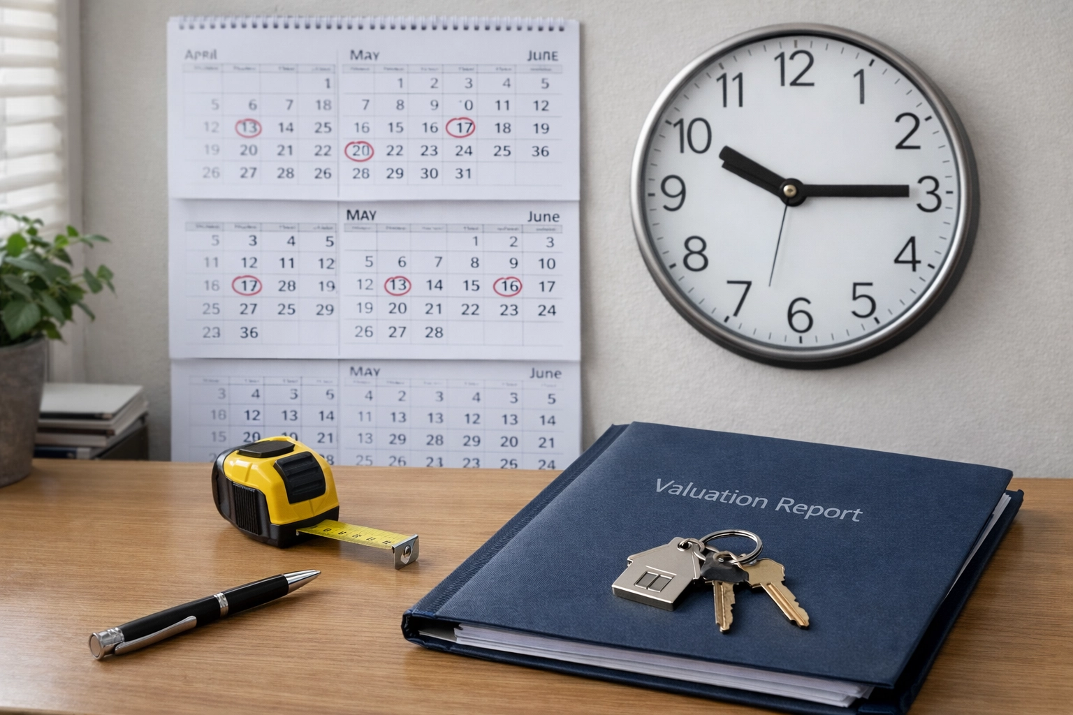 Photo of a desk setup with a calendar and valuation report folder representing the three-month valuation validity period