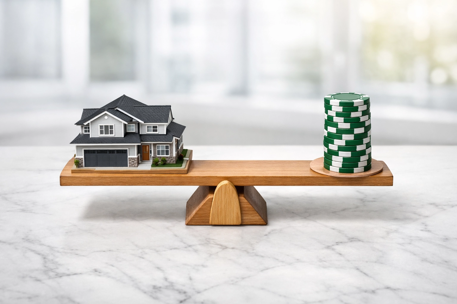 A scale balancing a house and money tokens, representing a healthy DSCR ratio for Ohio real estate investments.