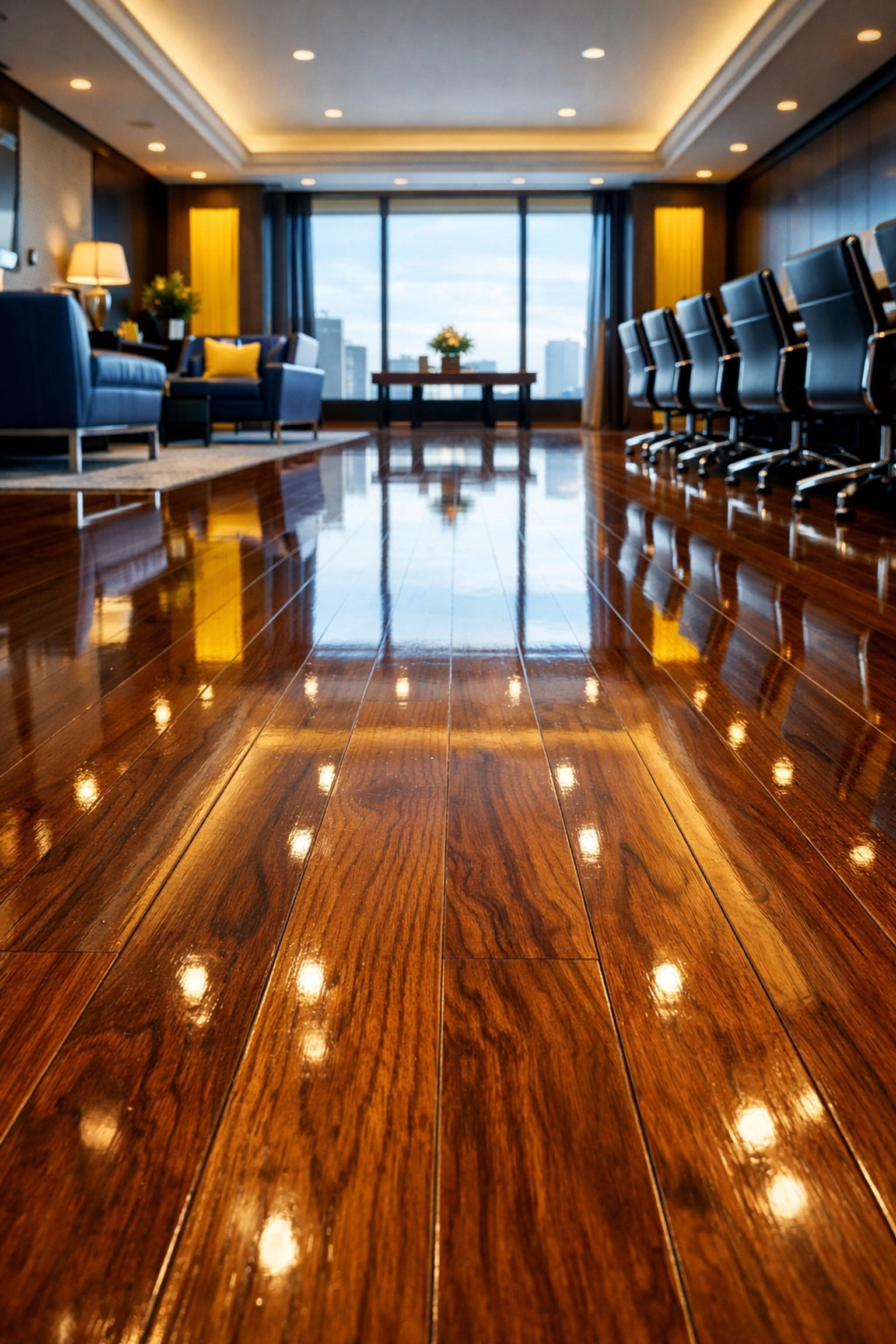 Mirror-like finish on polished hardwood office floors maintained by Wareham commercial cleaning experts.