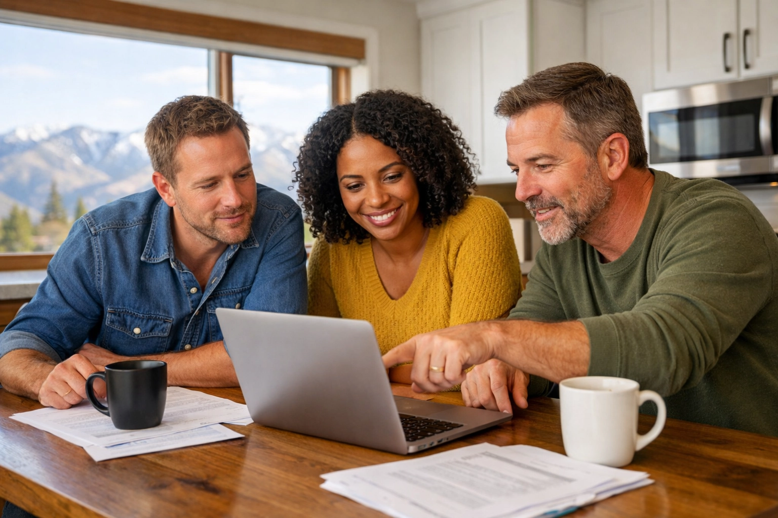 Homebuyers consulting with realtor at kitchen island reviewing 2026 Boise market data and paperwork