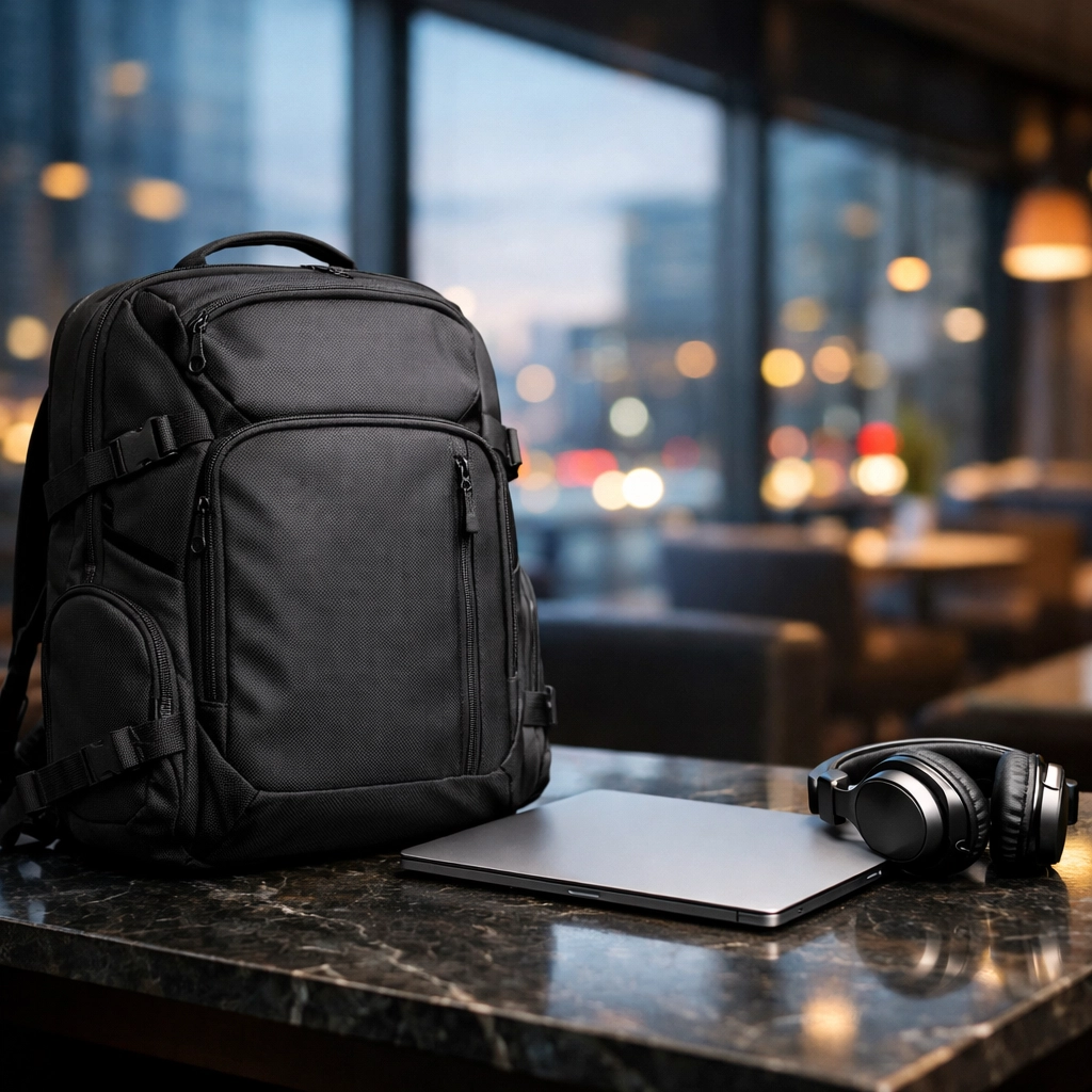 Minimalist gear for musicians featuring a sleek technical backpack, laptop, and headphones for mobile creators.