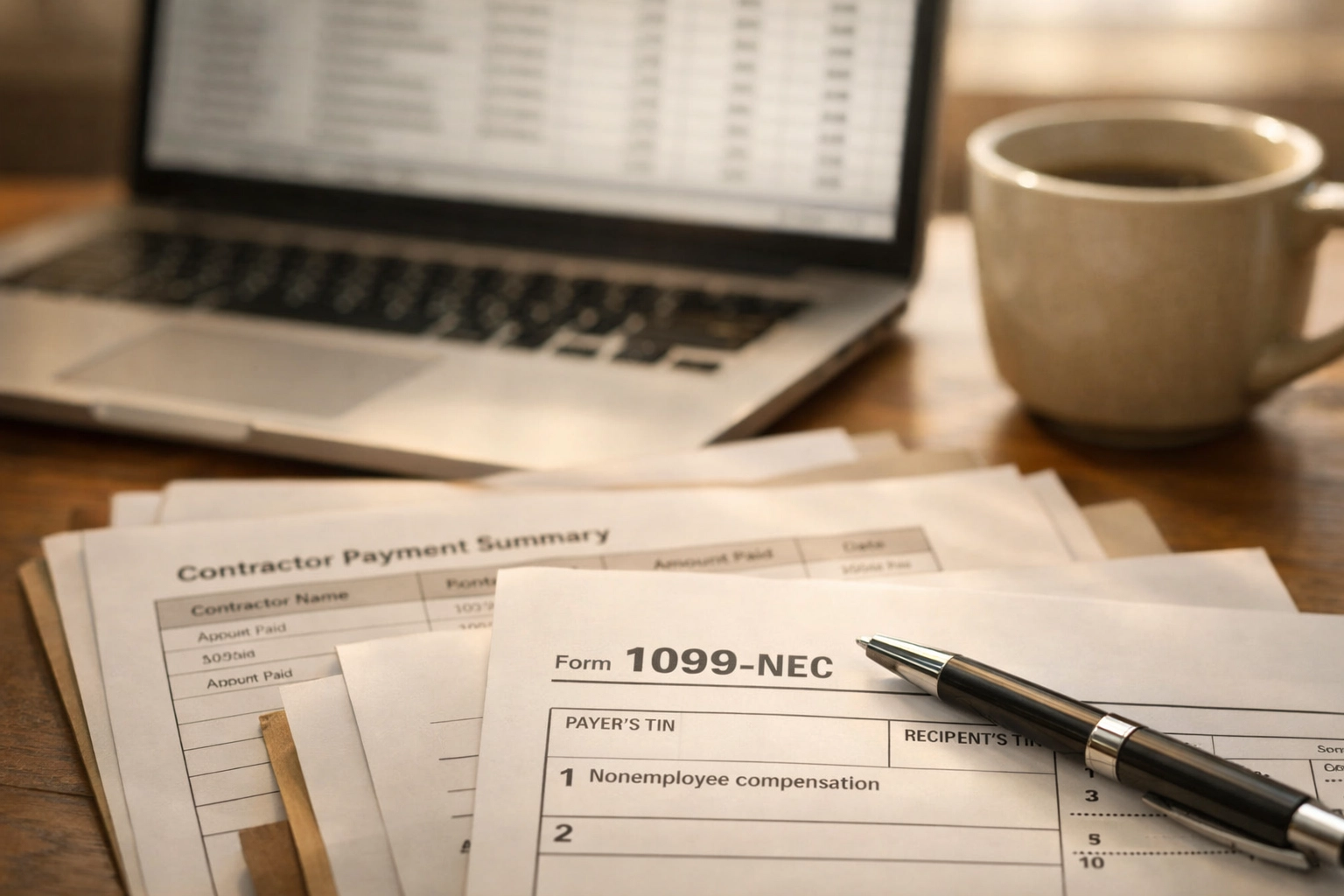 Business owner organizing 1099 tax forms for contractor payment compliance