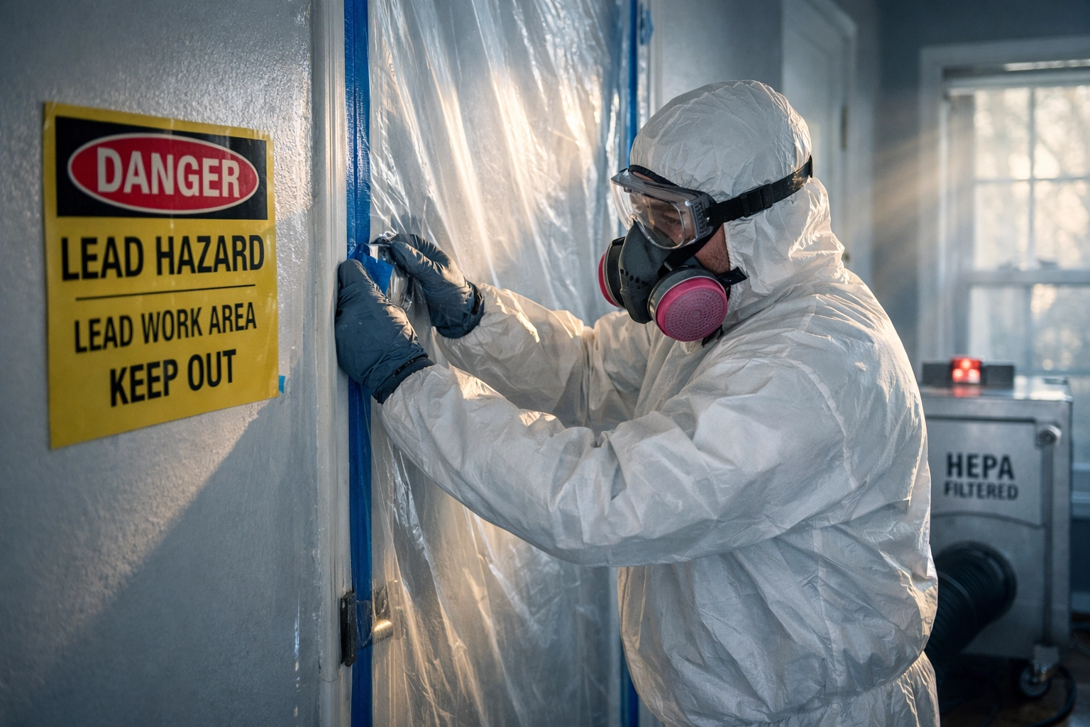 Certified lead abatement professional in protective gear setting up containment barriers