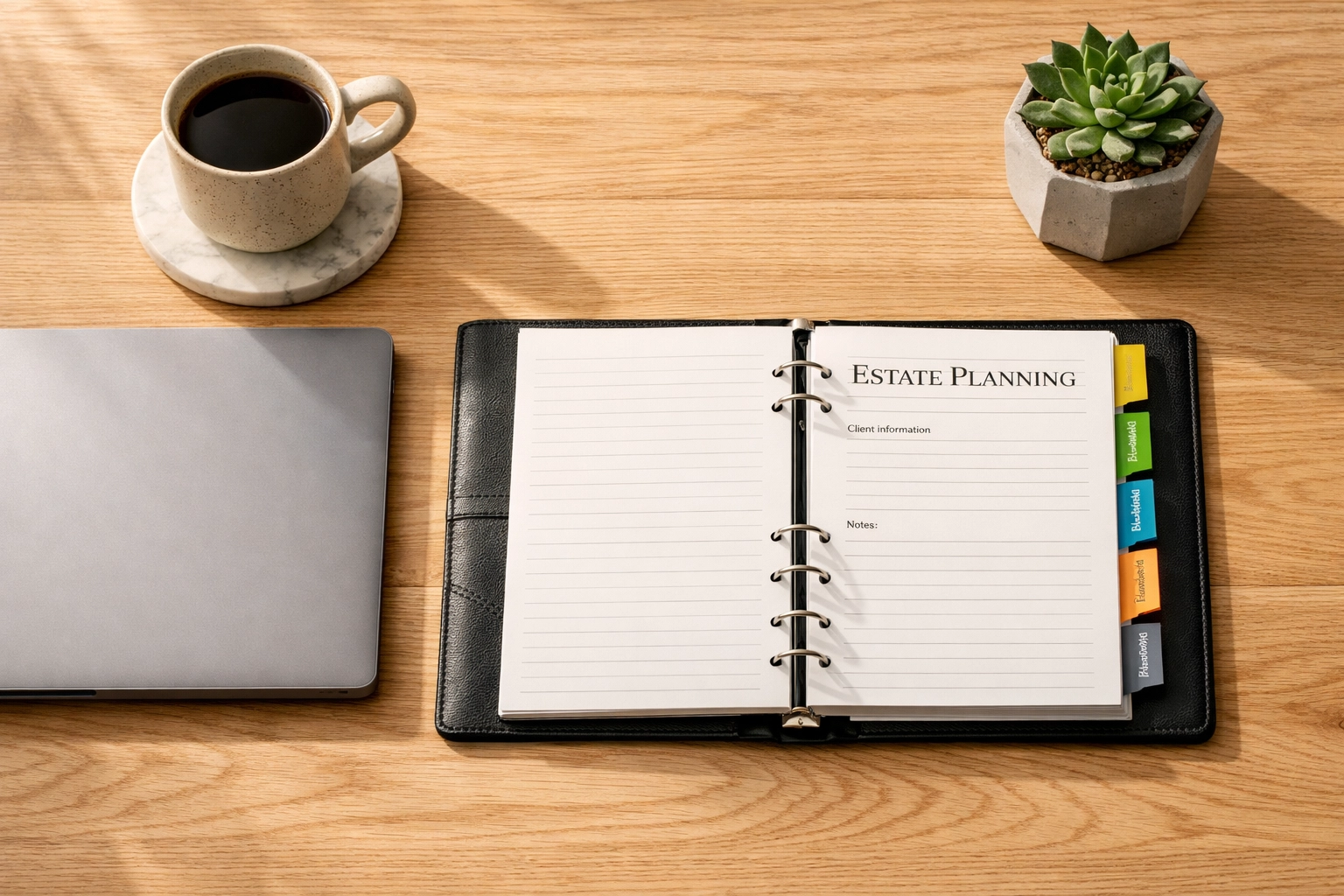 Organized estate planning binder and workspace for California families