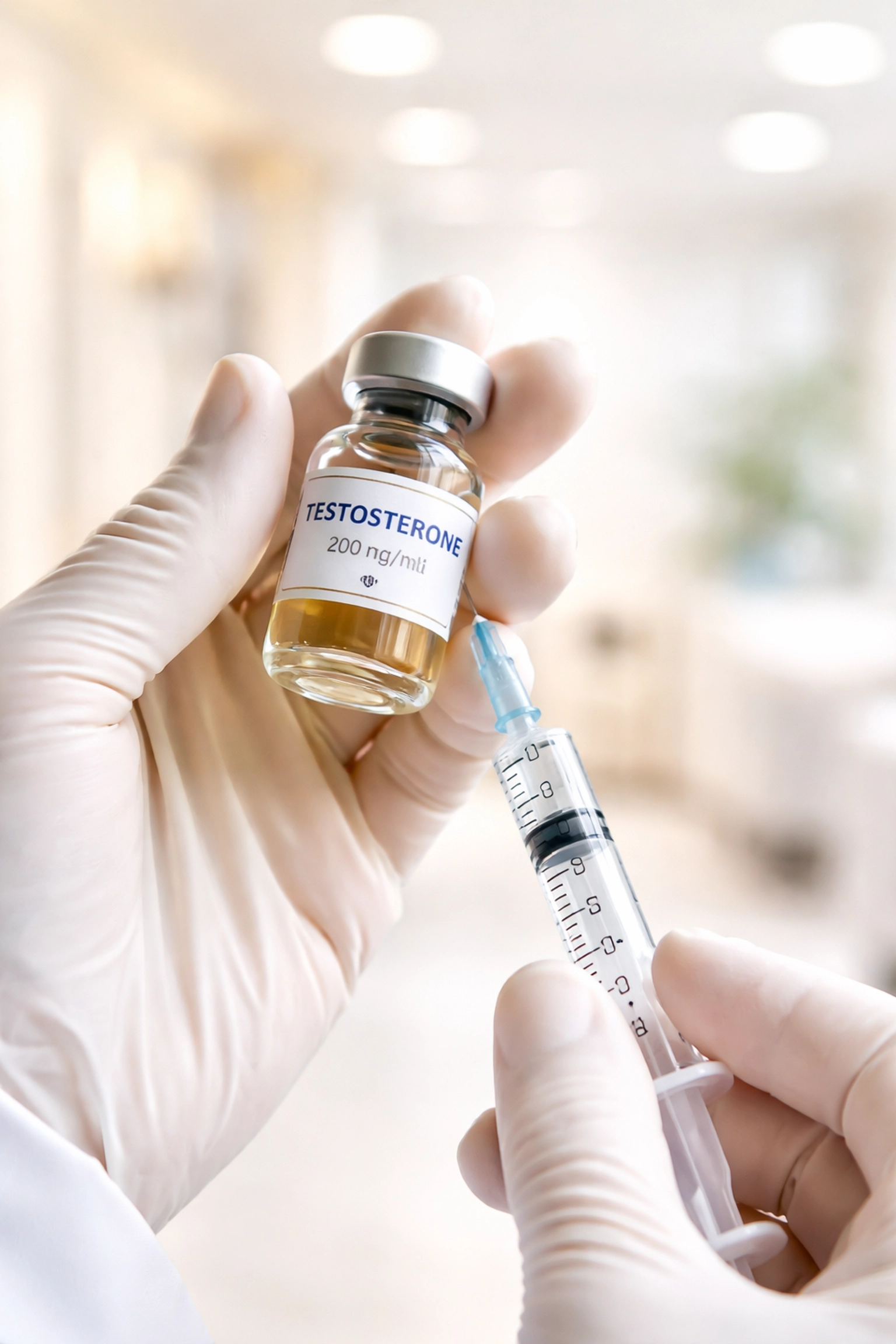 Close-up of healthcare provider preparing testosterone therapy, illustrating hormone optimization treatment
