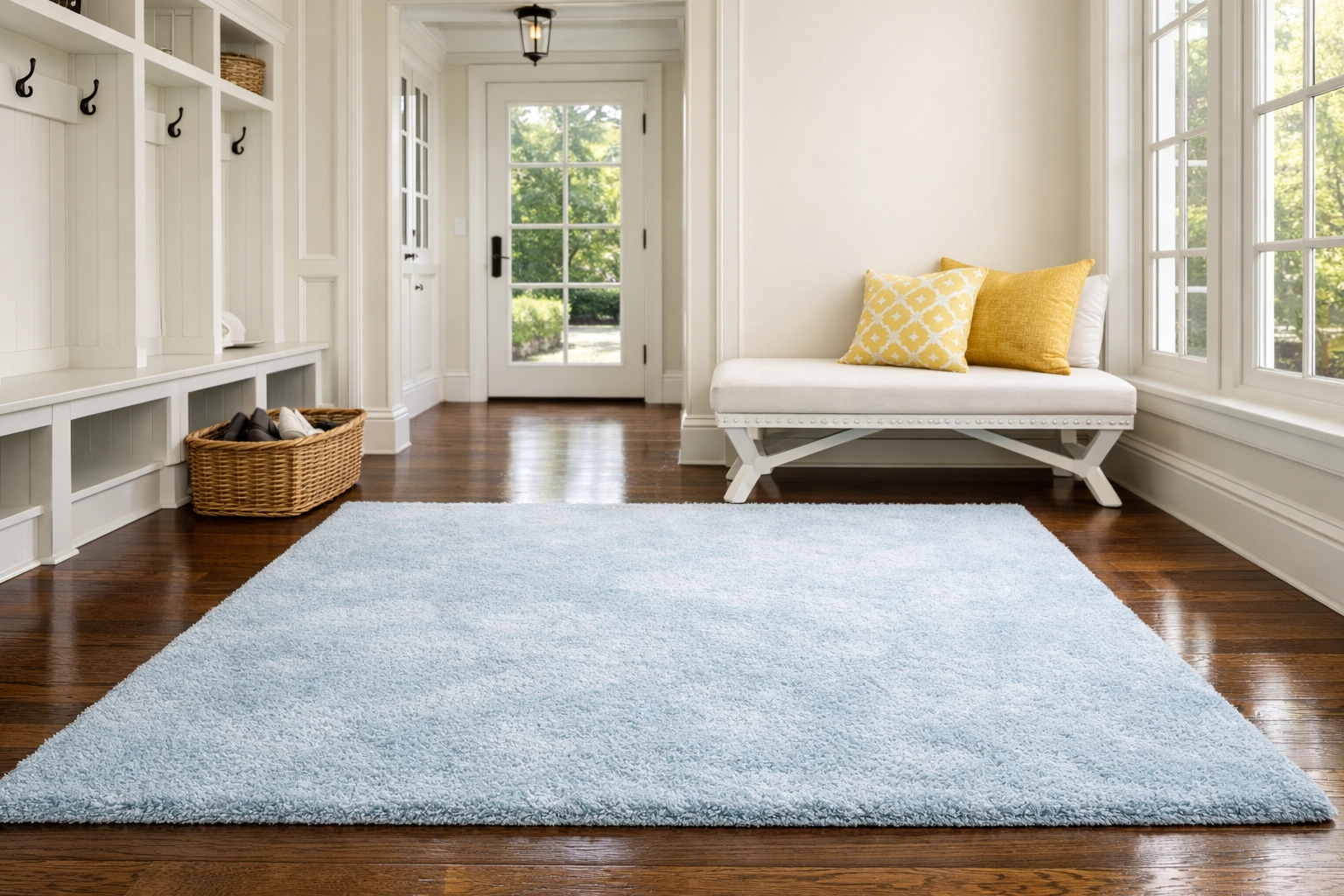 A spotless entryway rug in a Massachusetts home highlighting regular floor maintenance.