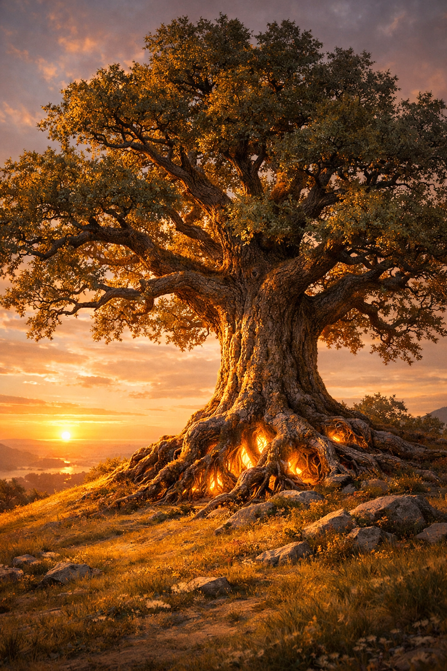 Ancient oak tree with glowing roots representing the deep wisdom gained during a Chiron return milestone.