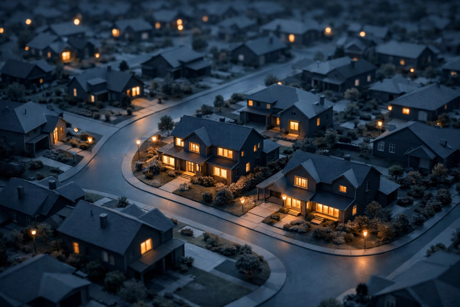 Scale model of a residential neighborhood representing property management portfolio stability and churn.