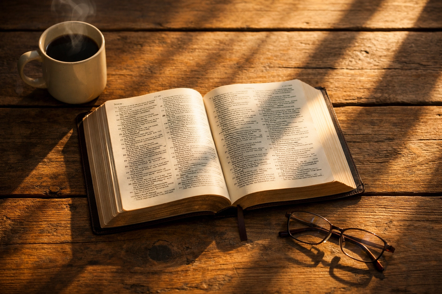 Open Bible with coffee mug on wooden table during peaceful 5 AM morning quiet time