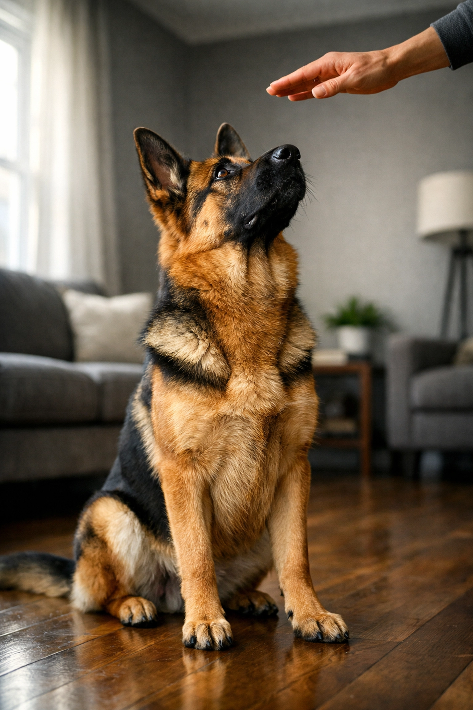 German Shepherd practicing indoor obedience training in Prince Albert home