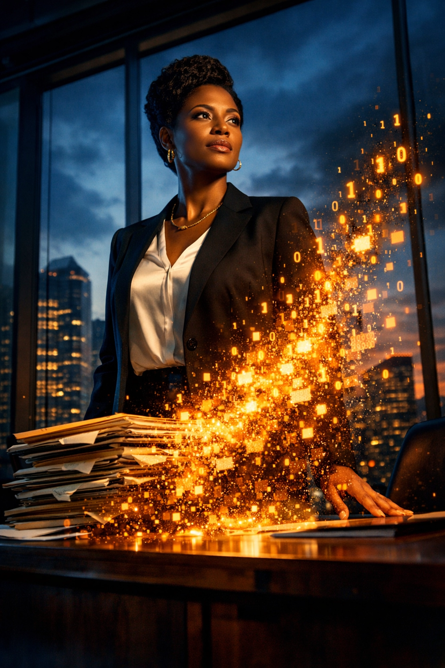 Afro-Caribbean executive watching office files transform into digital data, illustrating AI automation of management.