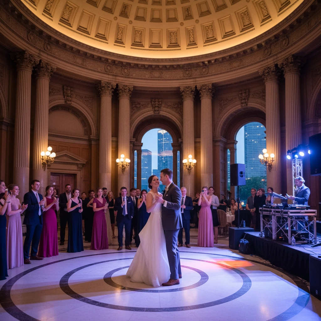 A couple dances in a grand rotunda with guests clapping. Elegant setting with tall columns, golden lighting, and a DJ on the right.