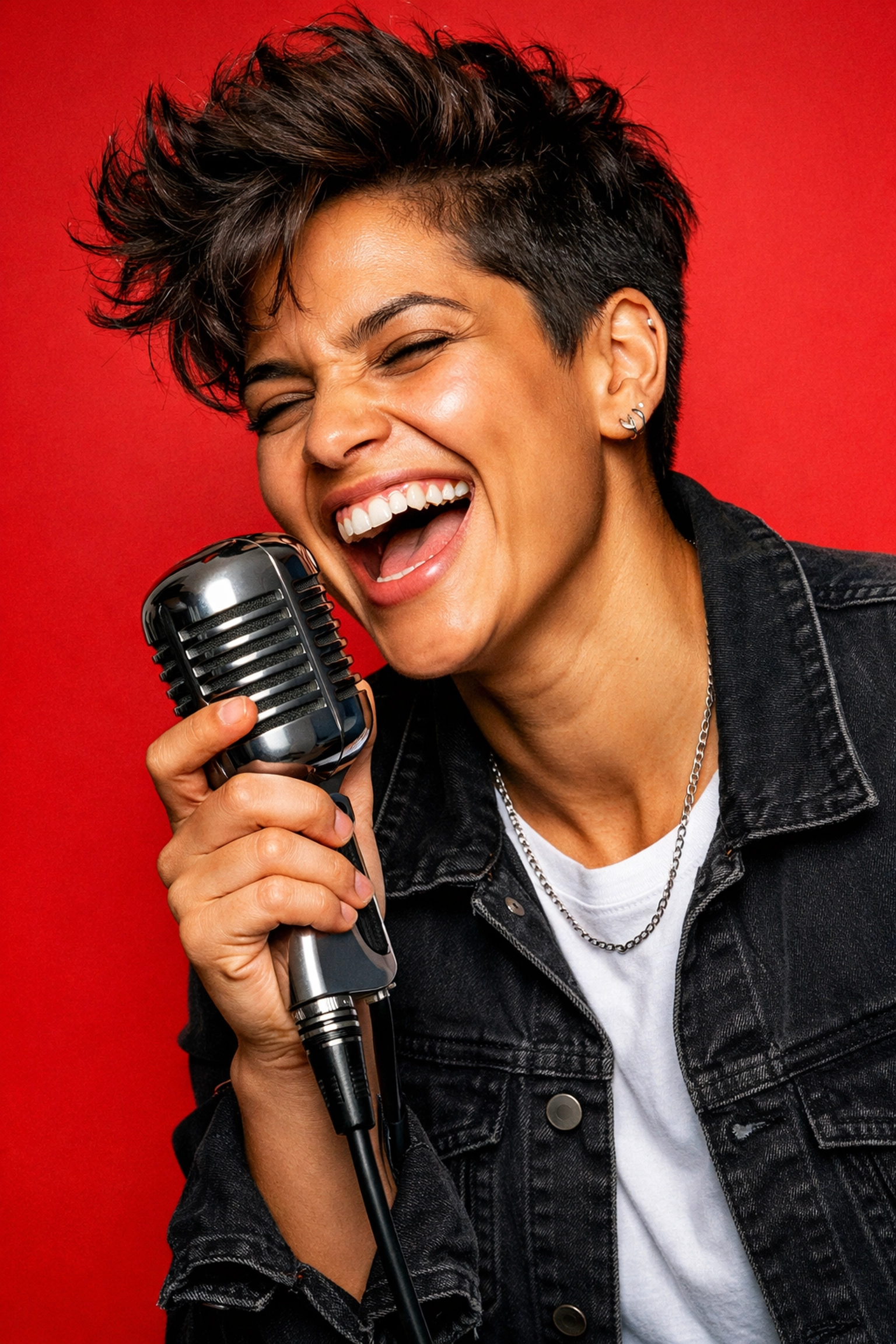 Podcast host laughing into microphone showing the power of humor