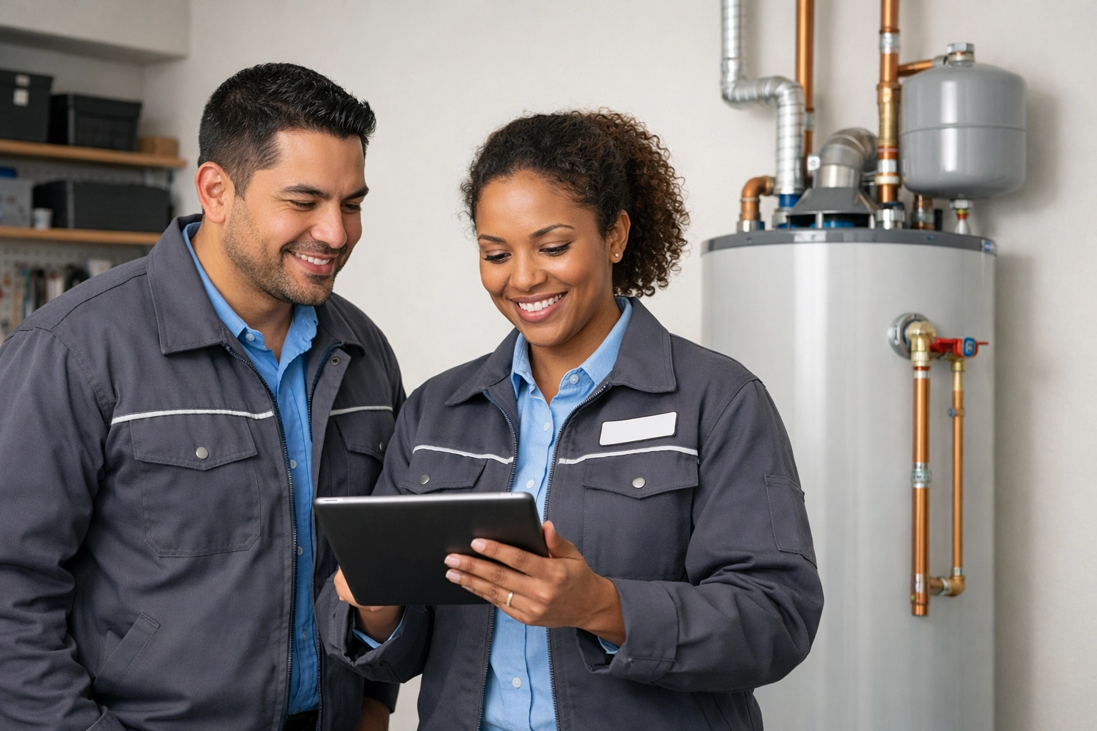 Vetted Florida trade specialists inspecting a newly installed home water heater system.