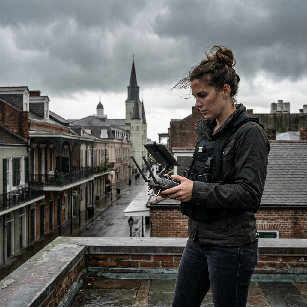 Female videographer with drone controller overlooks the New Orleans French Quarter skyline beneath dramatic stormy skies