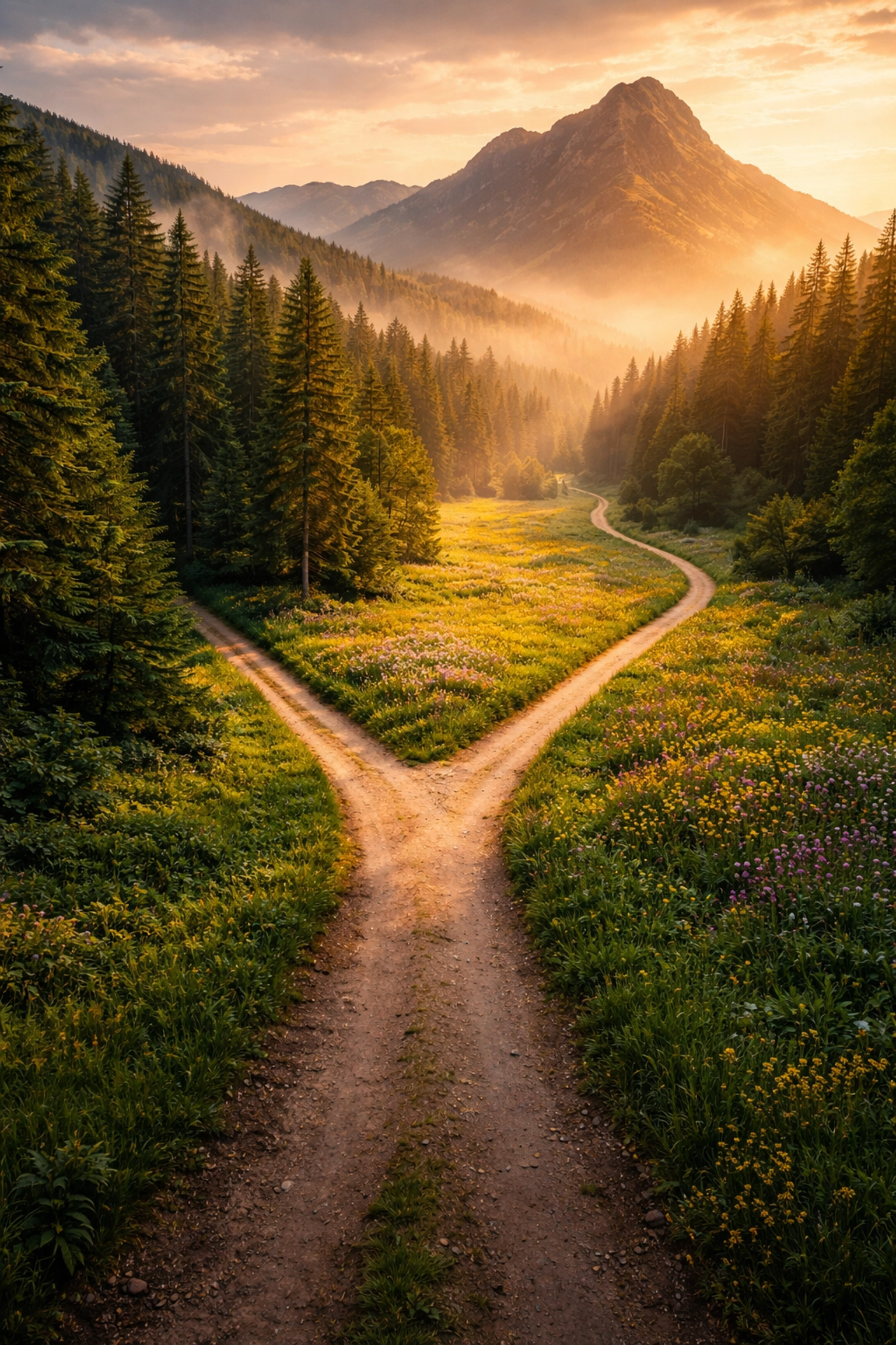 Aerial view of three diverging forest and meadow paths represents strategic choices in portfolio diversification for institutional investors.