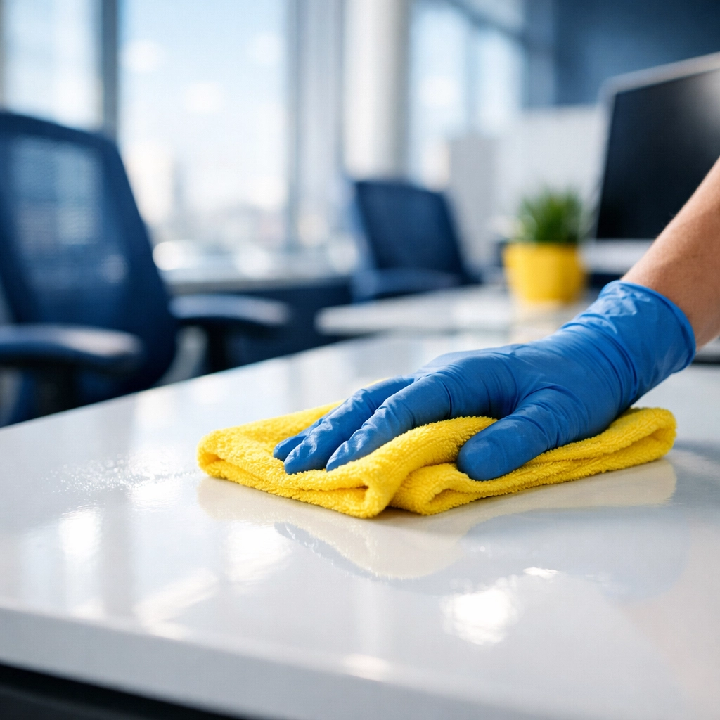 Professional commercial cleaning in Milford office with expert sanitization of a modern white desk.