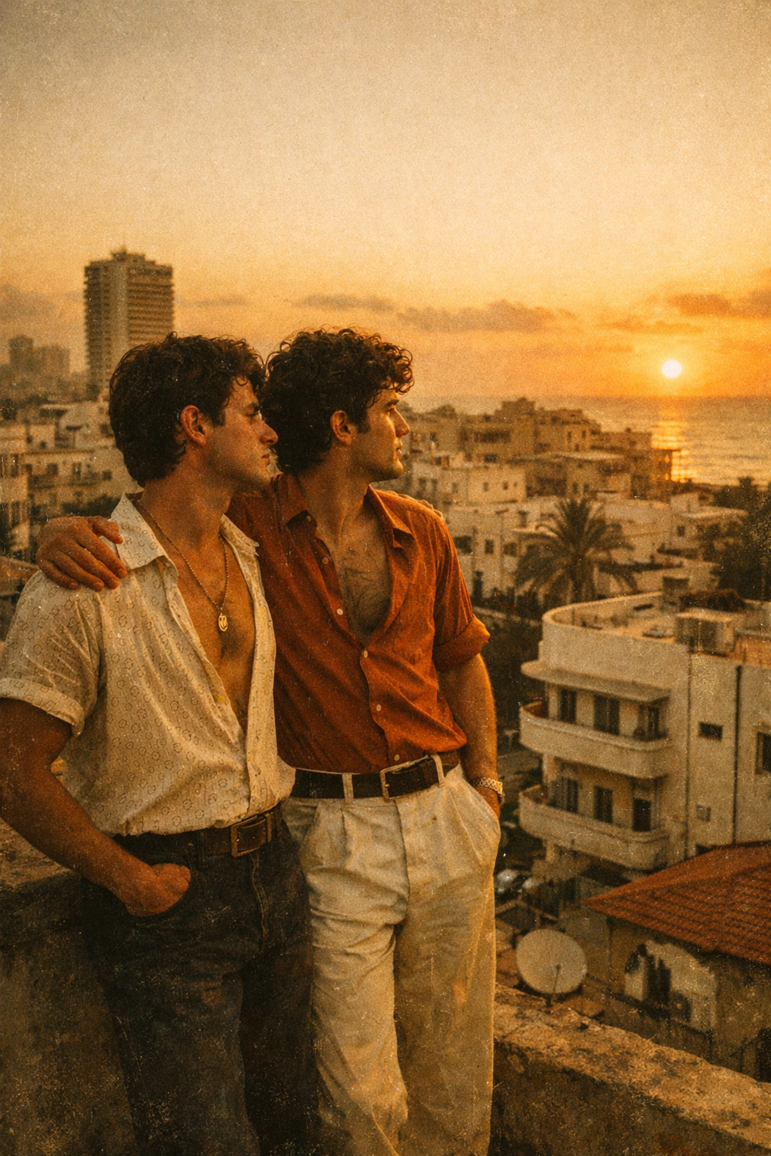 Two men in 1970s attire on a Tel Aviv rooftop at sunset, capturing a gay historical romance vibe.