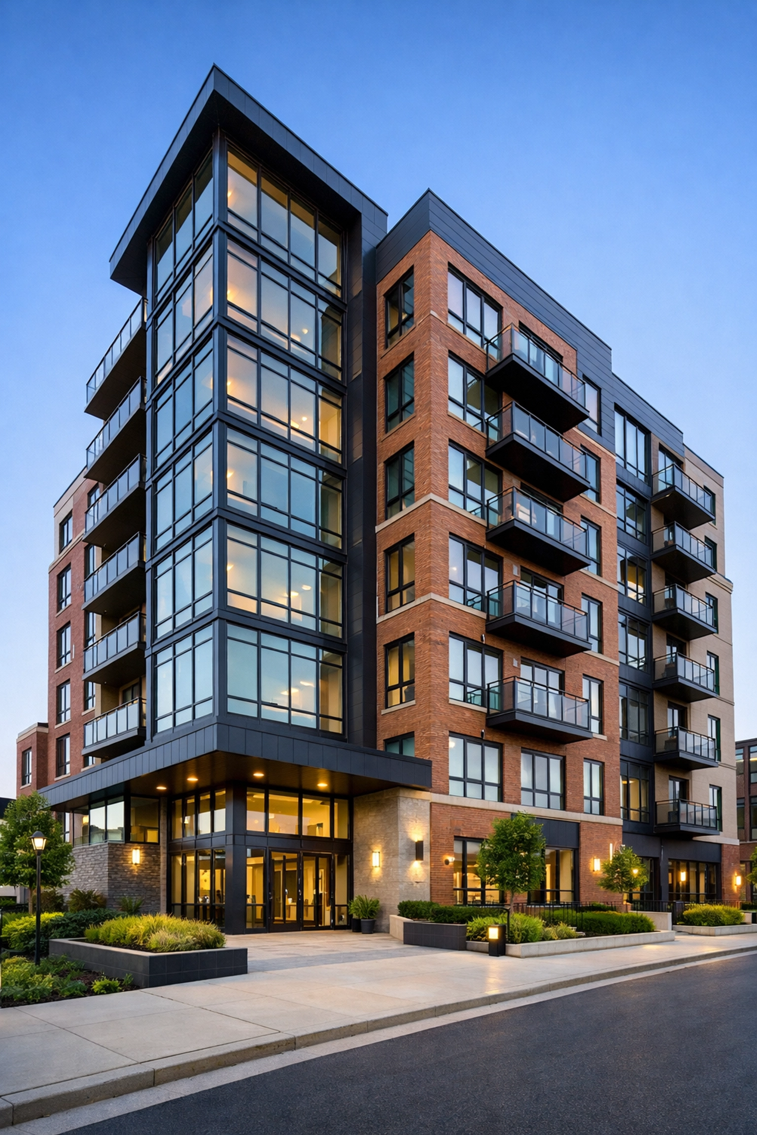 Contemporary Midwest multifamily building exterior highlighting high property management and cleaning standards.