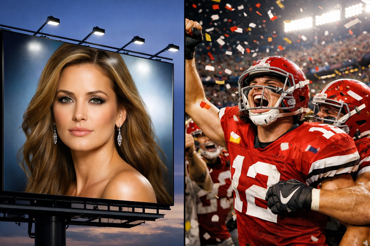 Comparison of celebrity endorsement billboard and authentic college athlete celebration in stadium
