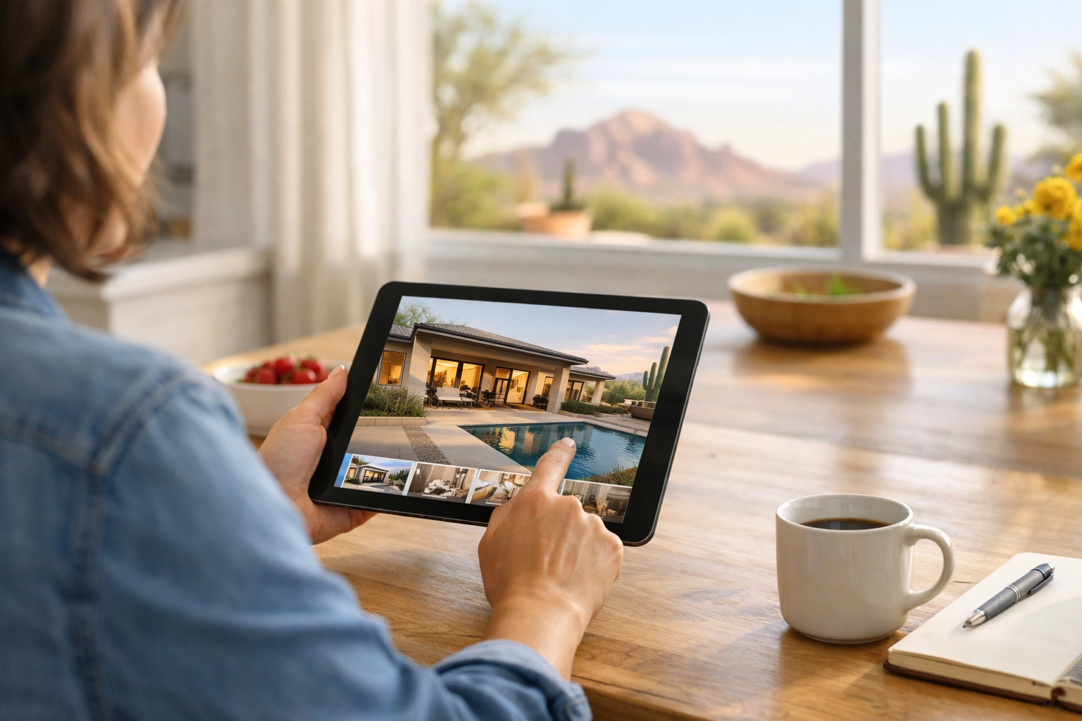 Family celebrating sold Arizona home using virtual tour technology on tablet