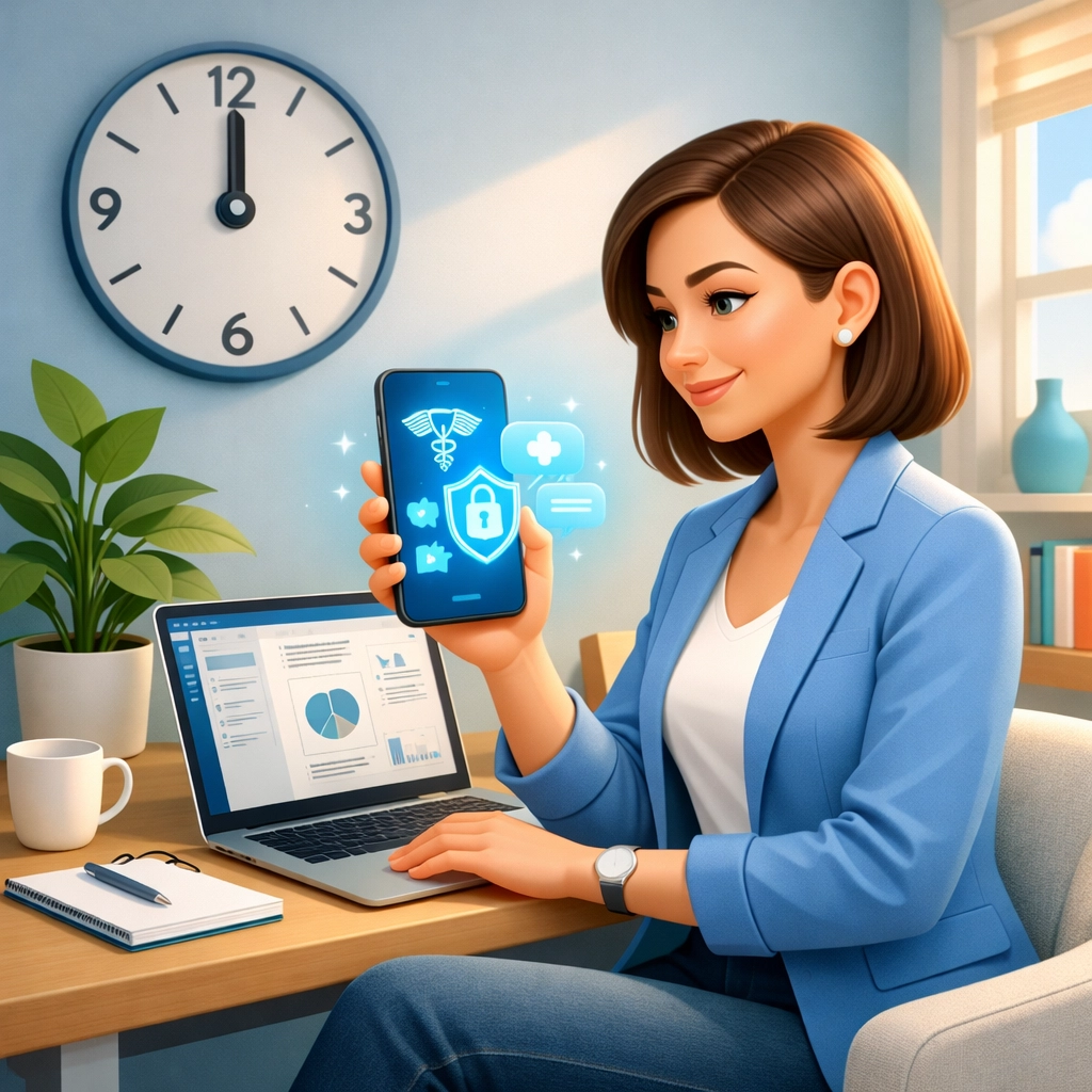 Professional woman using text-based telehealth during work from home office