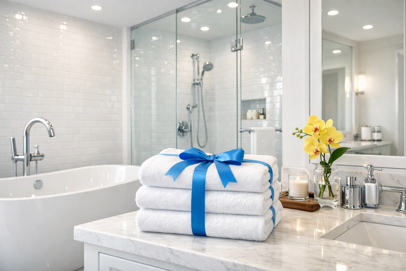 Pristine white bathroom sanctuary with a deep-cleaned bathtub and sanitized surfaces.