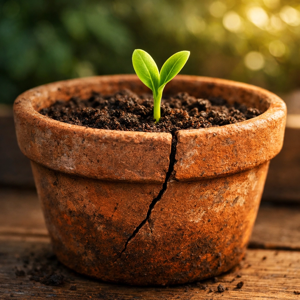 A young green sprout growing from a cracked terracotta pot representing resilience and healing core wounds.