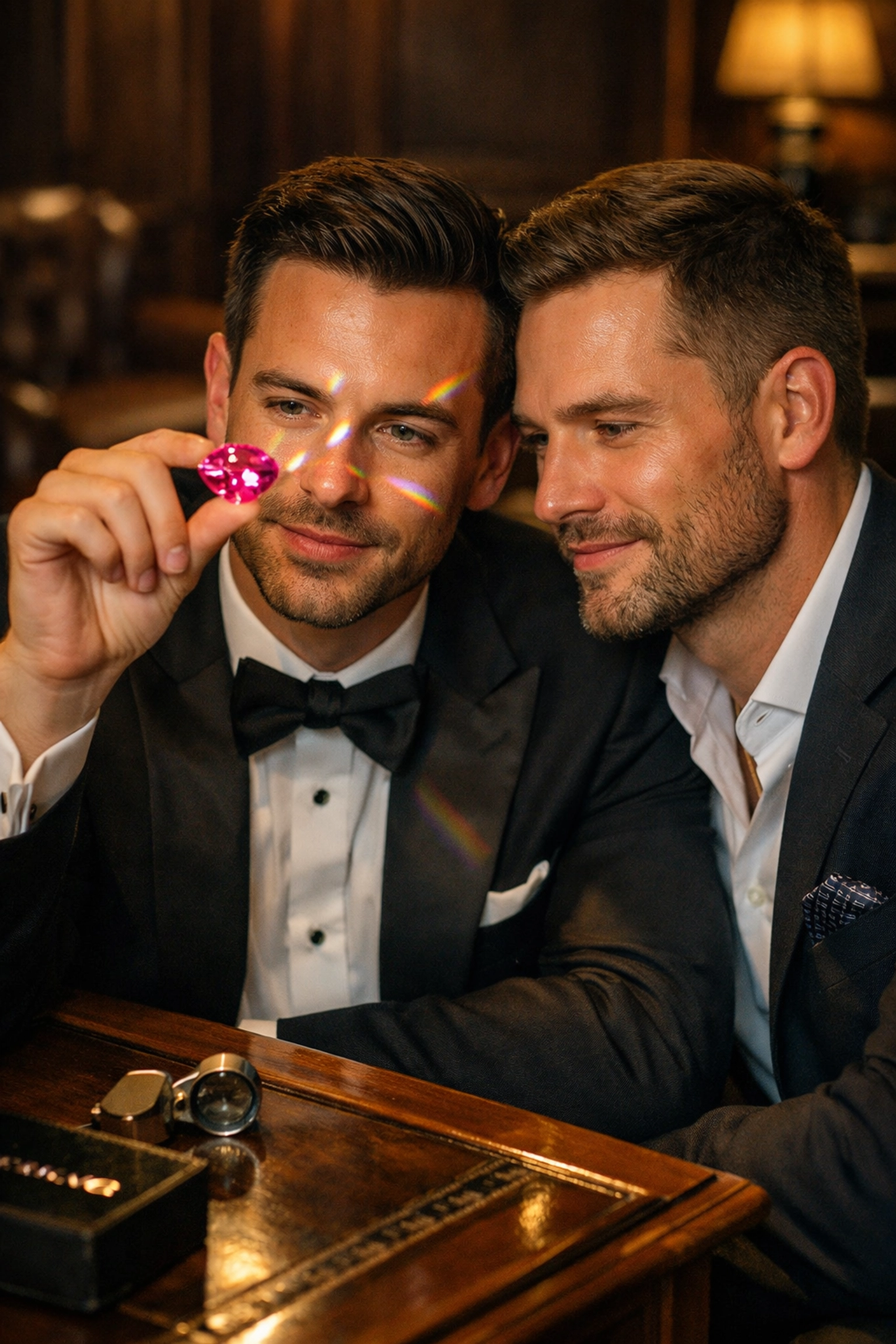 Gay couple examining rare pink diamond in luxury Antwerp diamond merchant viewing room